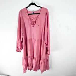 OLD NAVY Aspen Summer Tiered Lace-Up Front Long Sleeves Mini Swing Dress Size XL